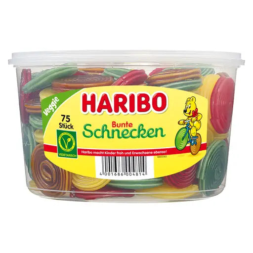 Haribo Suessware Fruchtgummi, Teilweise mit Cola-Geschmack Bunte Schnecken 1 RD 75 ST 1200g in der Dose - Produktbild