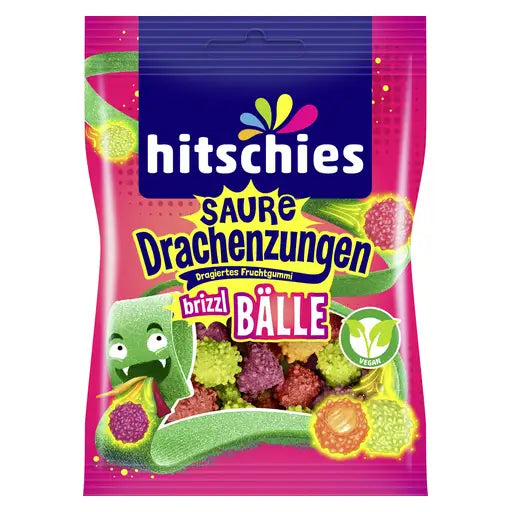 hitschies Saure Drachenzungen Brizzl Bälle , Sauer Dragiertes Fruchtgummi 100g im Beutel - Produktbild