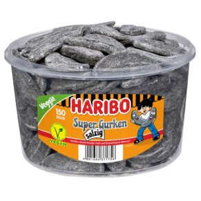 Haribo<br> Super Gurken salzig<br> 150 Stück in der Dose<br>