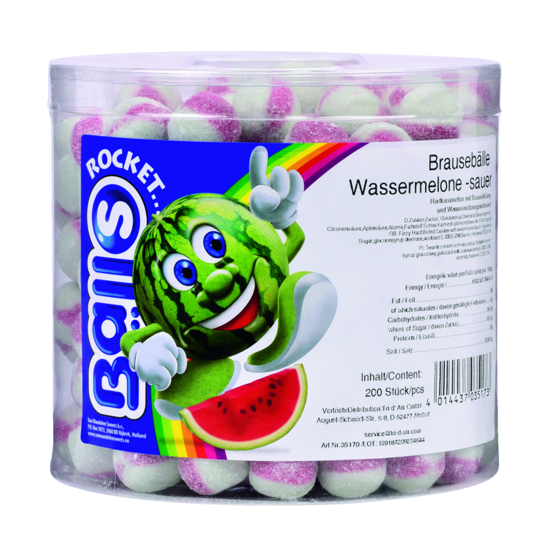Rocket Balls<br> Brausebälle Wassermelone<br> 200 Stück in der Dose<br>